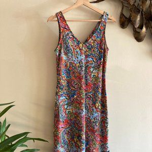 Colorful dress with black lace trim